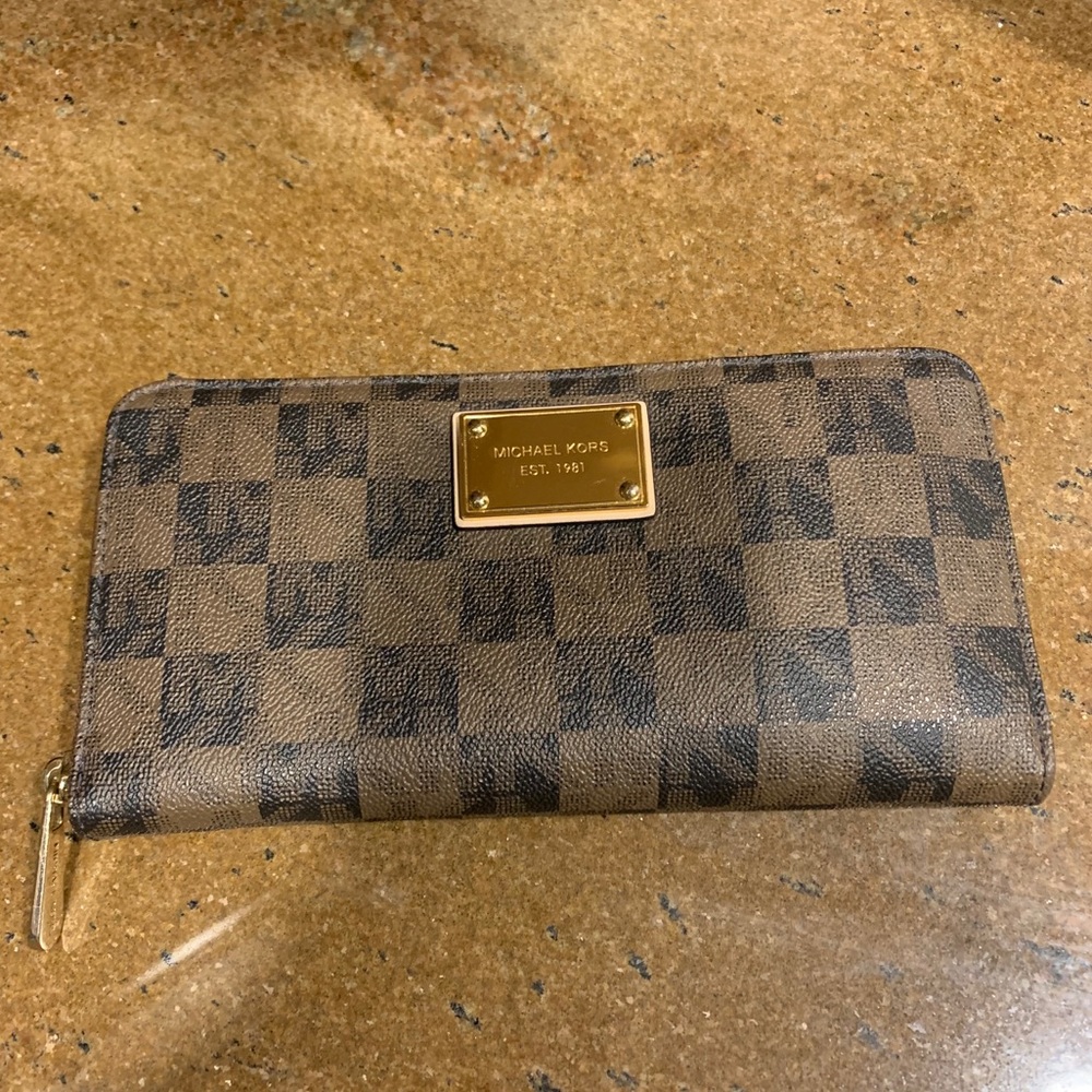 Michael Kors Brown and Dark Brown Check Zip Around Wallet